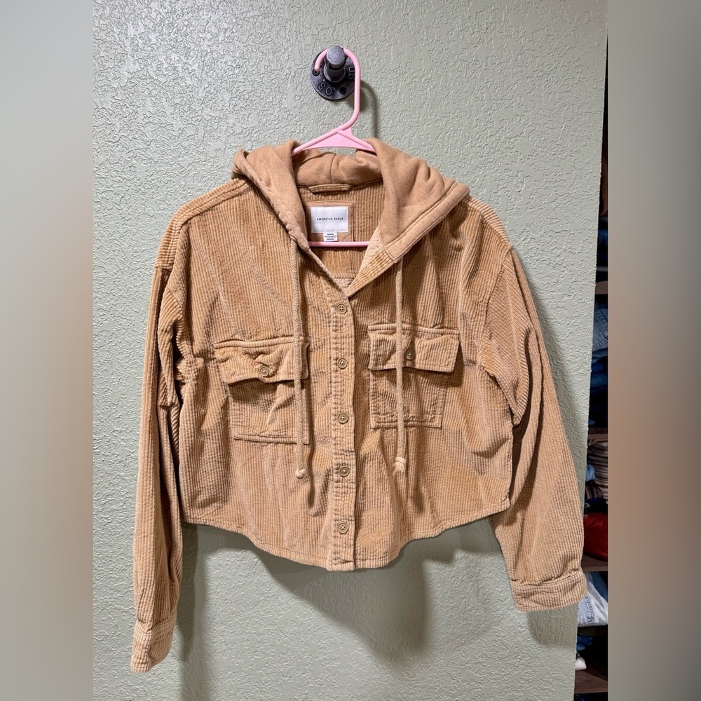 American Eagle Outfitters Tan Corduroy Cropped Jacket with Hood M
